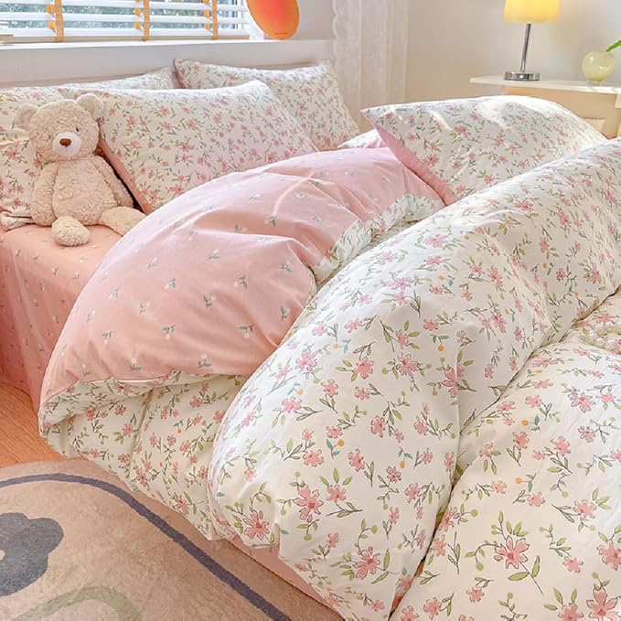 Girls Pink Floral Duvet Cover Twin XL Soft 100% Cotton Aesthetic Flower Bedding Set Vintage Botanical Comforter Cover Breathable Cottagecore Bedding Set 1 Twin XL Duvet Cover with 2 Pillowcases