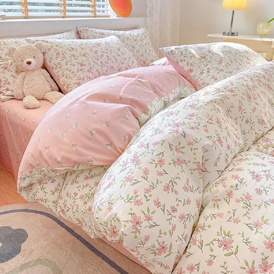 Girls Pink Floral Duvet Cover Twin XL Soft 100% Cotton Aesthetic Flower Bedding Set Vintage Botanical Comforter Cover Breathable Cottagecore Bedding Set 1 Twin XL Duvet Cover with 2 Pillowcases