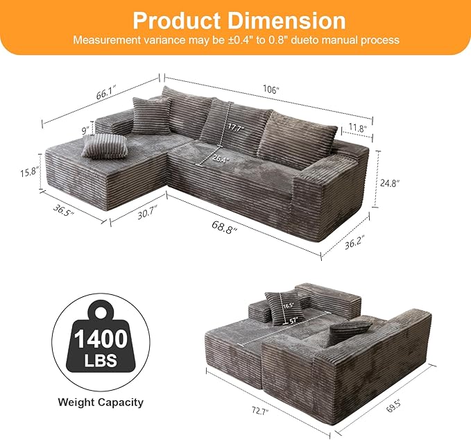 106'' Boneless Couches for Living Room, L Shaped Modular Sectional Sofa with Chaise Lounge, Faux Rabbit Fur & Layered Cushion Deep Seat Cloud Couch, No Assembly (Light Coffee, Left Facing Chaise)