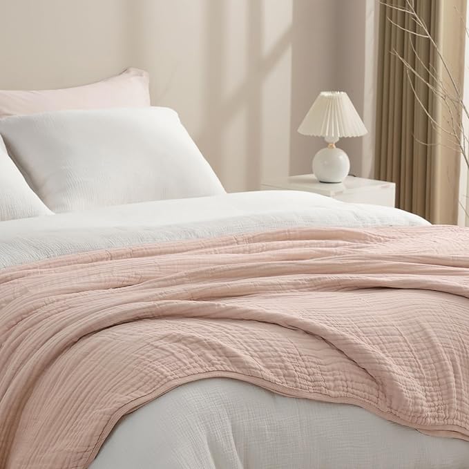 PHF Cooling Muslin Blanket Twin Size 60"x80", 6-Layer Lightweight Gauze Blanket Made from 35% Rayon Derived from Bamboo & 65% Cotton, Breathable & Ultra Soft Cozy, Aesthetic Home Decor, Cameo Rose