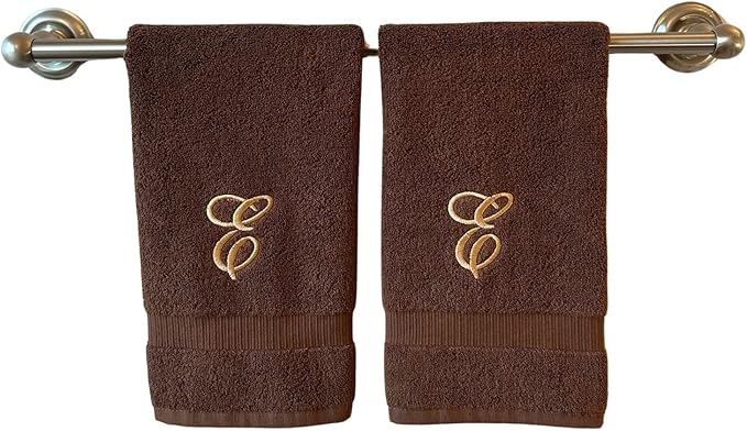 Brown Monogrammed Hand Towels for Bathroom - Luxury Hotel Quality Personalized Initial Embroidered Towel for Powder Room, Spa - GOTS Organic Certified - Set of 2 Beige Letter E