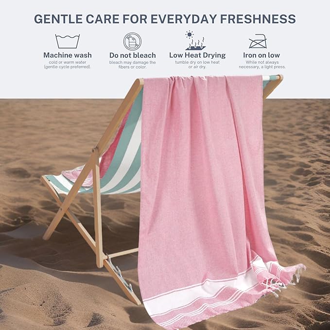 Cotton Turkish Beach Towel with Towels Oversized 36"x72" Pool Absorbent Extra Large Quick Dry Sand Travel Towel (Pink, 2 Pack)