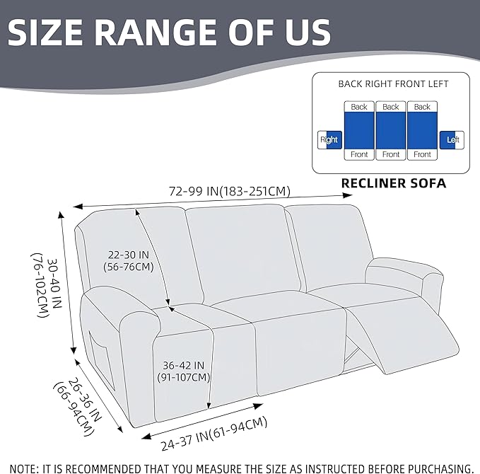 Genina Recliner Sofa Covers - Stretch Reclining Couch Covers with Stripe Jacquard - 3 Seat Cushion Slipcovers with Soft Fabric - Furniture Protector for Pet Kid (Dark Gray)