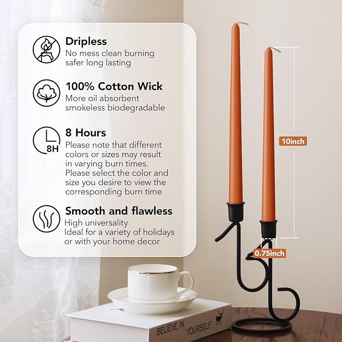 New Burning Formula Unscented Dripless 10-Inch Taper Candles Set of 12 - Burnt Orange, for Wedding, Dinner - Smokeless, Long Burning - Hand Poured, Colored Tall Candlesticks - Naranja Quemado