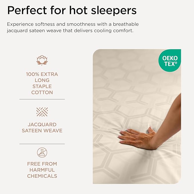 Threadmill 100% Cotton Sheets for Queen Size Bed - 600 Thread Count Queen Bed Sheets Set with 16” Deep Pocket - Jacquard Sateen Weave 4-Piece Bedding Set with Cooling Effect, Beige