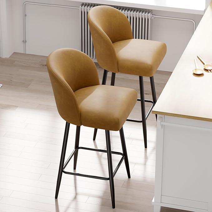 Counter Height Bar Stools Set of 2,360° Swivel Barstools with High Back and Metal Legs,26" Seat Height, Upholstered PU Leather Bar Chairs for Kitchen Island, Dining Room,Cafes,Yellow