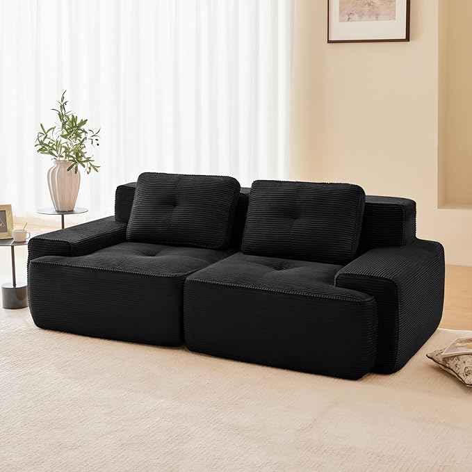 80" Modern Corduroy Boneless Love Seat Couches, 2 Seater Large Sectional Couches for Living Room, Black Cloud Modular Sectional Sofa, Memory Foam, Extra Deep Loveseat, No Assembly