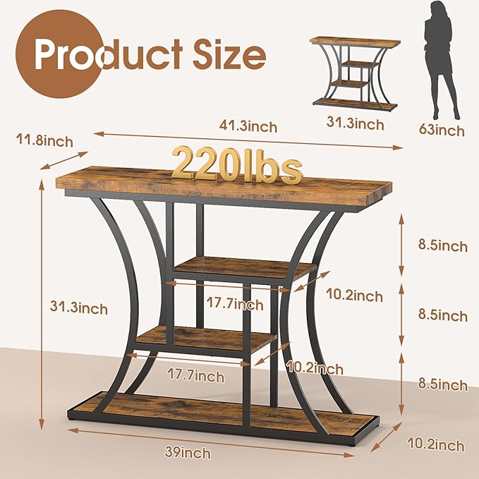 41.3" Industrial 4 - Tier Console Table with Curved Metal Frame, Narrow Long Sofa Table & Entryway Table with Storage Shelves for Living Room, Accent Table for Hallway Furniture Foyer