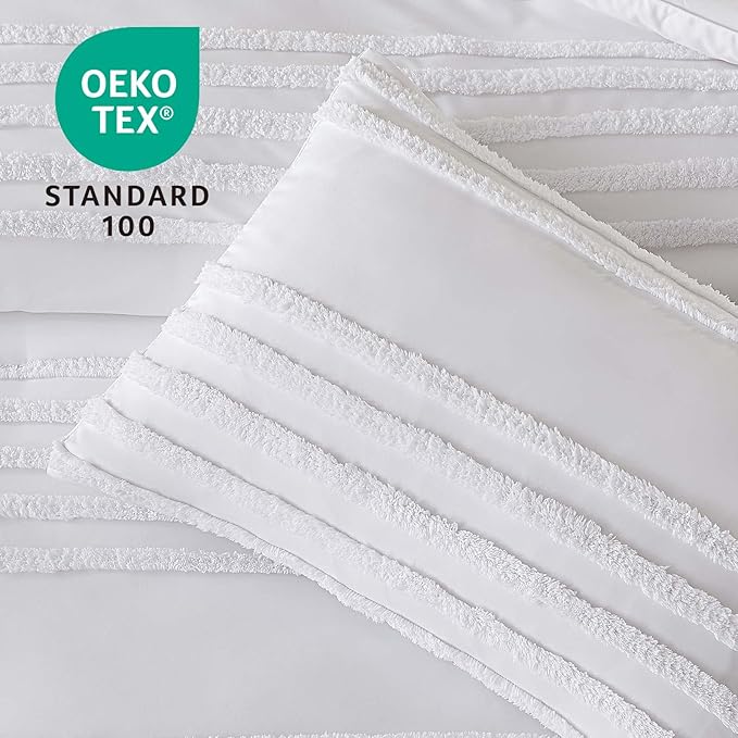 BEDELITE Boho Twin/Twin XL Comforter Set，White Tufted Striped Bed Set 2 Pieces, Soft Vintage Farmhouse Comforter for College, Boho Home Dorm Decor, Fluffy Jacquard Bedding with 1 Pillow Sham