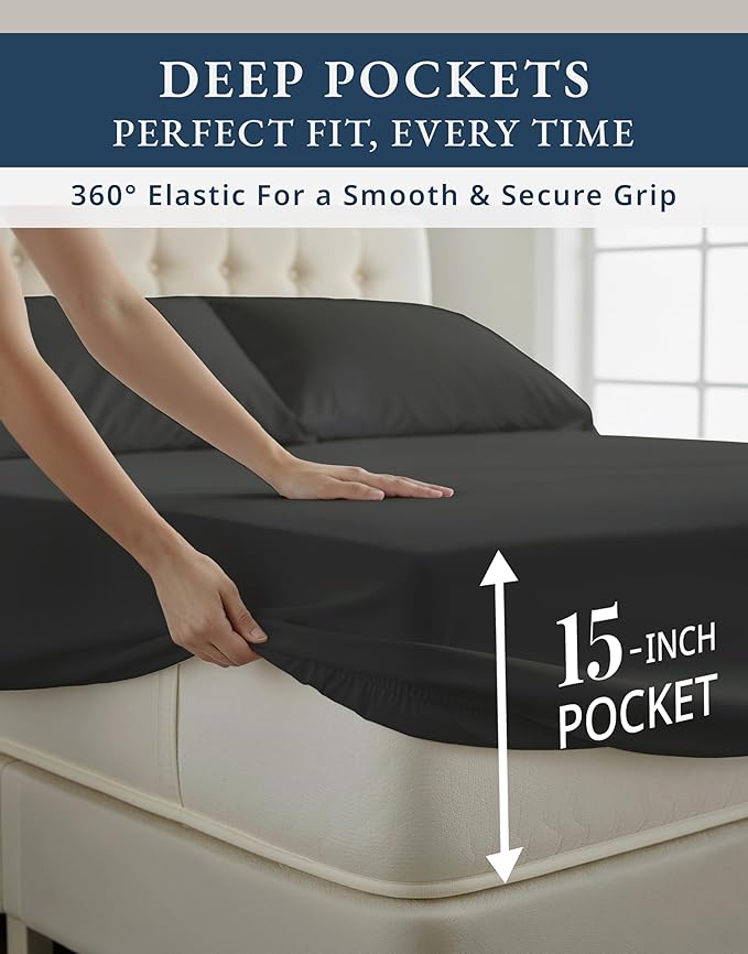 100% Egyptian Cotton Sheets Queen Size Bed Set – Naturally Cooling & Breathable Sateen Queen Sheets Set, Authentic Long-Staple Cotton for Lasting Softness, Snug Fit 15" Deep Pocket Fitted - Black