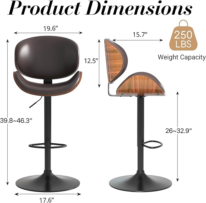 Adjustable Swivel Bar Stools Set of 3, Modern Bentwood Barstool with Large Metal Base and Footrest, PU Leather Upholstered Bar Chair with Curved Back for Kitchen Island Dining Room, Brown