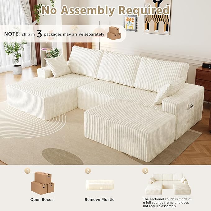 108" U Shaped Sectional Couch with Ottoman, Corduroy Modular Sectional Sofa with Deep Seat, Modern Modular L-Shape Sofa Couch with Chaise,Upholstered Boneless Couches for Living Room Bedroom