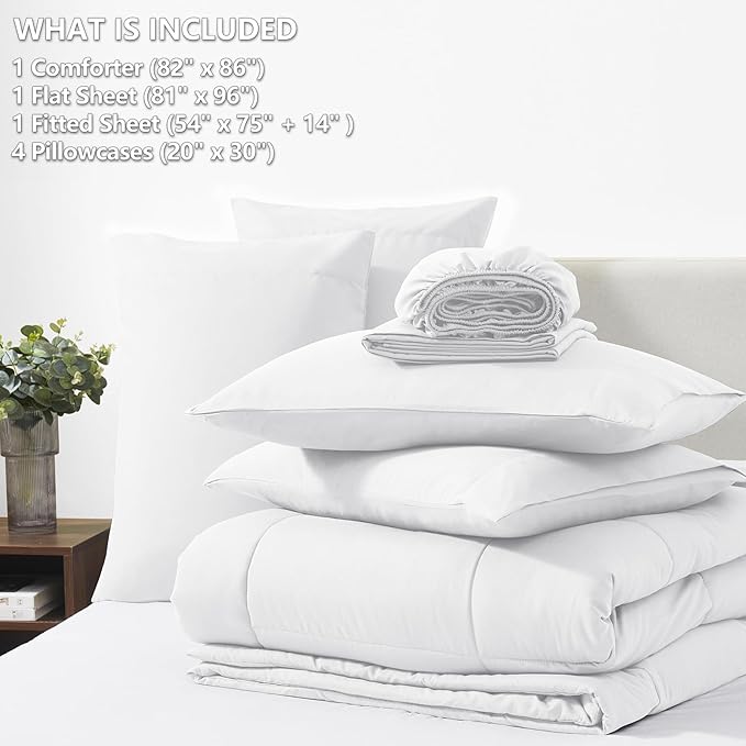 CozyLux Full Size Comforter Sets White, 7 Pieces Bed in a Bag, White Comforter Full Size, All Season Bedding Sets with Stitch Quilted Comforter, Flat Sheet, Fitted Sheet, Pillowcases