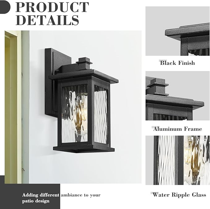 Emliviar 1 Pack Modern Outdoor Lighting Wall Mount, Front Porch Light with Water Ripple Glass Shade, Black Finish, 1803EW1-WP BK