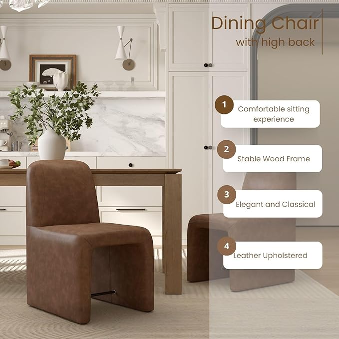Brown Upholstered Leather Dining Chairs Set of 6, Mid Century Modern Dining Room Chairs with Deep Seat & Curved Back, Armless Side Chair Comfy Kitchen Chairs for Living Room/Kitchen