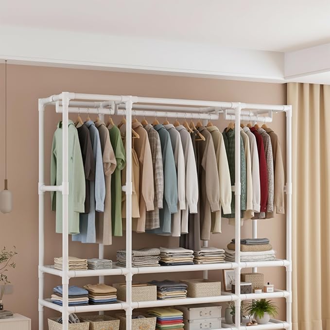 Portable Closet,Portable Closets for Hanging Clothes,Japanese Style Garment Rack with 2 Hanging Rods,6 Storage Shelves,43.3" L x 17.7" W x 65.1" H,White