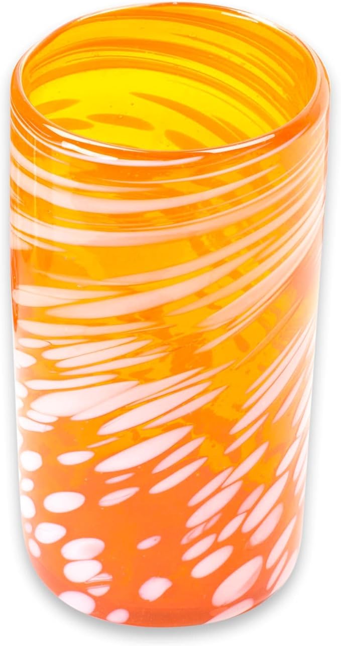 NOVICA Artisan Crafted Handblown Recycled Tumblers Glass | Striped Juice Drinkware | Tableware Glasses | Elegant Style | Emerald Orange | Toxins Free | Mexico 6" H x 3.1" Diam. (Set Of 6)