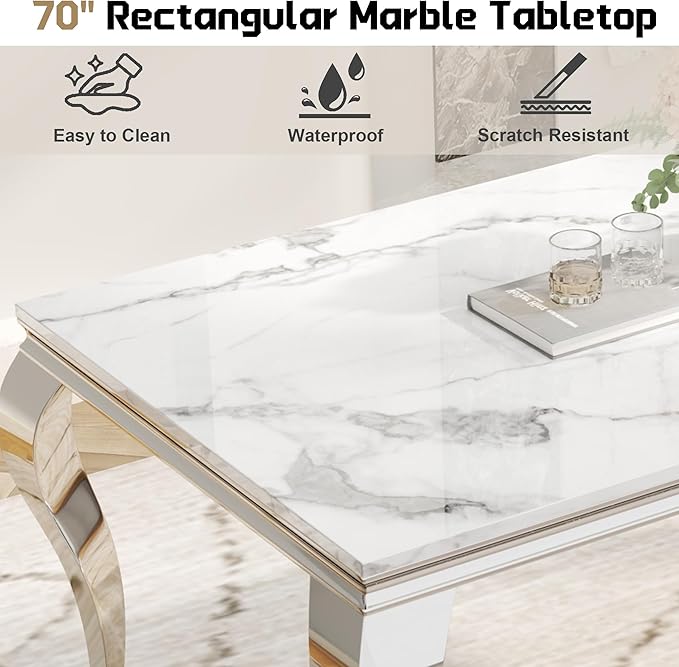 7-Piece Dining Table Set for 6, Faux Marble Dining Table Set with 70'' Marble Dinner Table and 6 Velvet Wing Back Chairs for Kitchen, Dining Room, White & Silver
