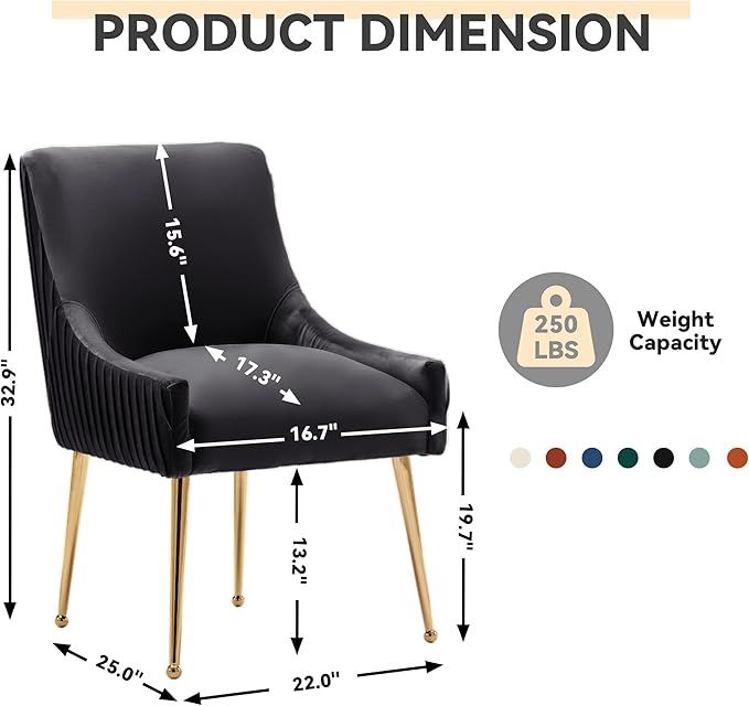 Dining Chairs, Accent Chairs Set of 2, Modern Upholstered Kitchen Dining Room Chairs with Gold Legs, Fabric Tufted Velvet Living Room Chairs for Reception Room Bedroom Guest Room (Black)