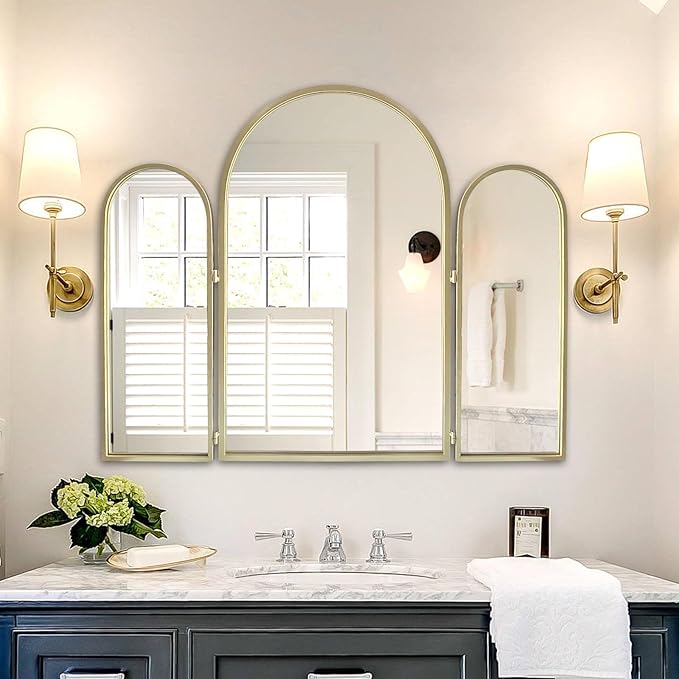 Trifold Vanity Mirrors 3 Way, 30 x 37in Adjustable Vanity Mirrors for Bathroom, Bedroom, Champaign Golden Arch Mirrors Wall Mounted Decoration, Braiding Hair, Makeup 360° Way