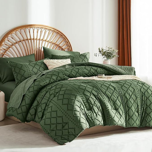 Oliver Green Tufted Comforter Set King Size 7 Piece Bed in a Bag,Shabby Chic Boho Comforter and Sheet Set,All Season Soft Microfiber Complete Bedding Set(Oliver Green,102"x90")