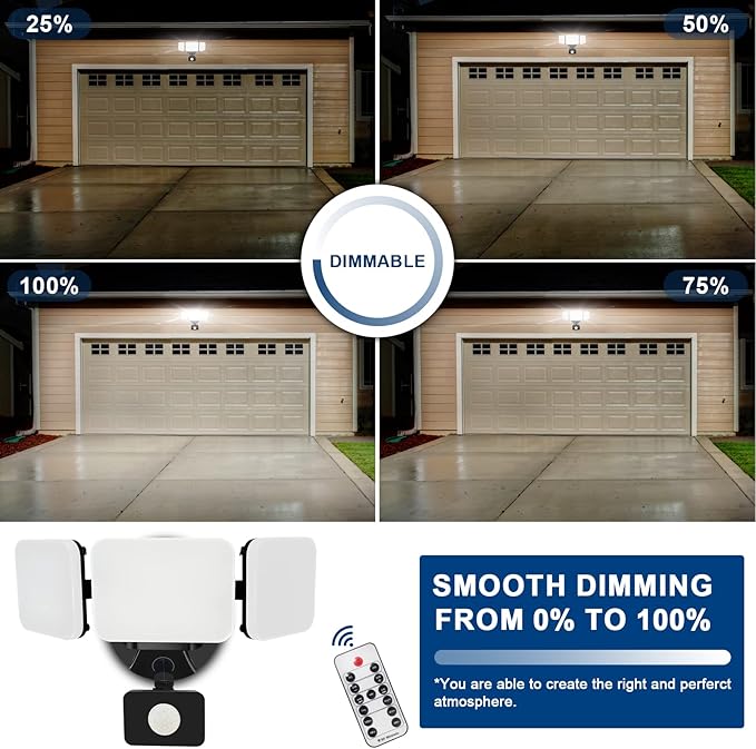 EMANER Motion Sensor Flood Lights Outdoor, Dimmable Security Light, Warm to Daylight White 3000K/5000K/6500K, 28W 120V Remote Wall Light for House Garden Front Door (Black, 2Pack)