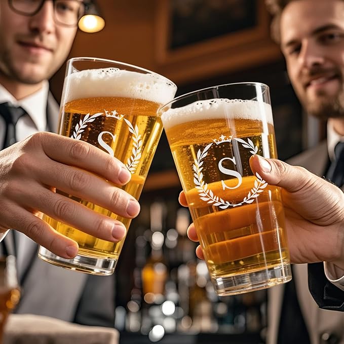 Personalized Beer Glasses Gifts for Men, 16 oz Pint Glasses Monogrammed A-Z Drinking Glass Cups Customized Gift, Unique Christmas Anniversary Birthday Gifts for Men Him Dad Brother Husband Grandpa (S)