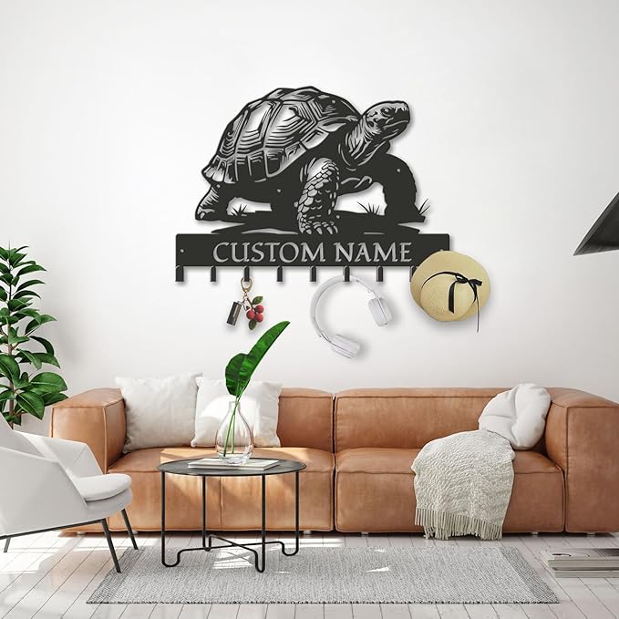 Custom Tortoise Metal Key Holder for Wall, Personalized Family Name Metal Sign with Hooks, Entryway Coat Rack and Organizer for Keys, Leashes, Hats (Style-1)