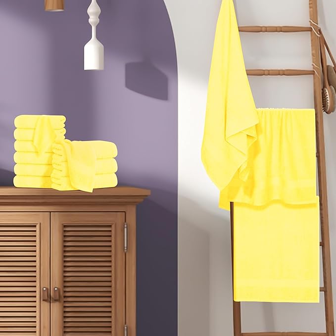 BOUTIQUO 24 Pack Cotton Towel Set, Contains 6 Bath Towels 27x54 inch, 6 Hand Towels 16x24 inch & 12 Wash Coths 12x12 inch, Ideal Everyday use, Ultra Soft Compact & Lightweight - Lime Yellow
