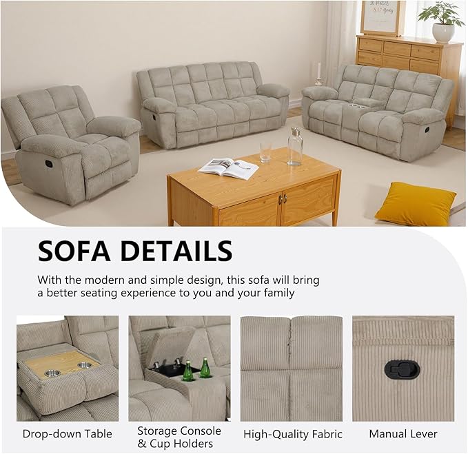 Manual Recliner Sofa Set,Microfiber Reclining Couch Set,Modern Living Room Furniture Set,Reclining Sofa Couch Chair for Living Room Home Office(Beige,Sofa+Loveseat)