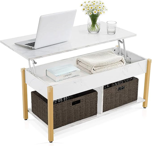 ivinta Lift Top Coffee Table with Storage, Modern Recangular Center Table with Wheels and 2 Rattan Folding Baskets, Rising Tabletop with Hidden Compartment for Living Room, 2177 (41.3", White)
