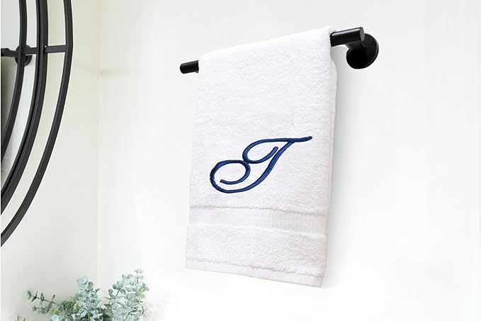 White Monogrammed Hand Towels for Bathroom - Luxury Hotel Quality Personalized Initial Embroidered Towel for Powder Room, Spa - GOTS Organic Certified - Set of 2 Navy Letter T
