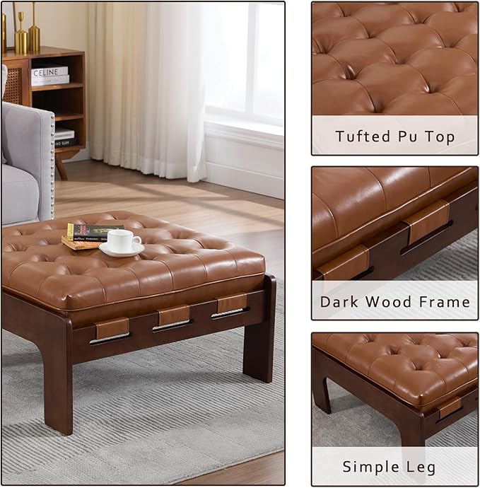 Kmax Coffee Table, 30 Inch Leather Ottoman Coffee Table Square Upholstered Dark Wood Center Table Tufted Tea Table, Oversized Footrest Stool for Living Room - PU, Brown