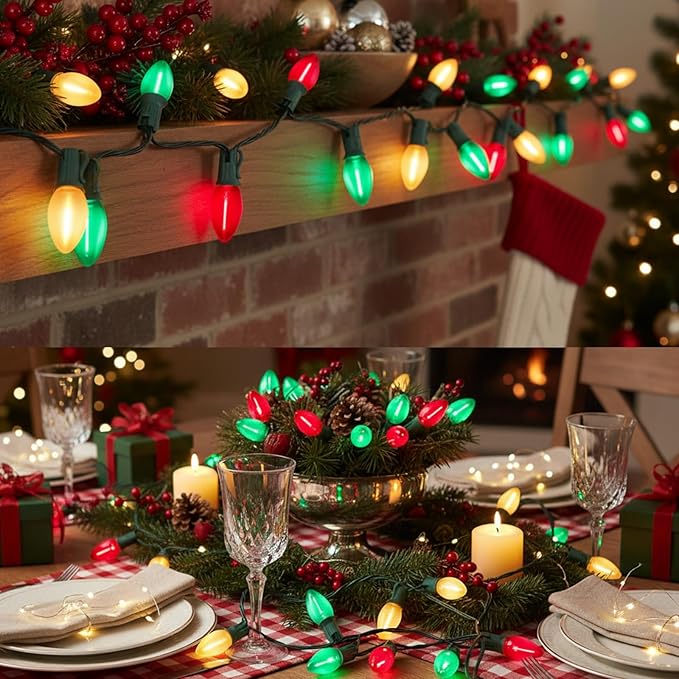 C7 LED Christmas Lights Outdoor,25ft LED Clear Red White Green Christmas Lights with 27 LED Bulbs(2 Spare),Connectable Christmas Decorations Light for Indoor Outdoor Home Party Garden Yard