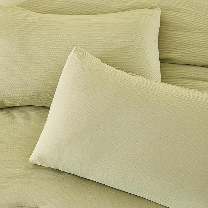 King Size Desert Sage Comforter Set, 3 Pieces Double-Layer Crinkle Yarn Bedding, All-Season Lightweight Warmth with 2 Pillowcases