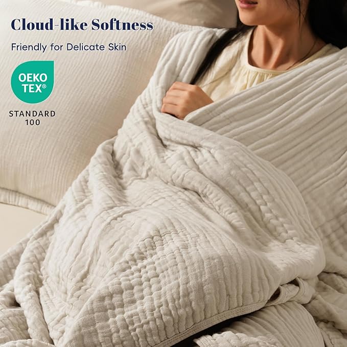 PHF Cooling Muslin Blanket King Size 104"x80", 6-Layer Lightweight Gauze Blanket Made from 35% Rayon Derived from Bamboo & 65% Cotton, Breathable & Ultra Soft Cozy, Aesthetic Home Decor, French Oak