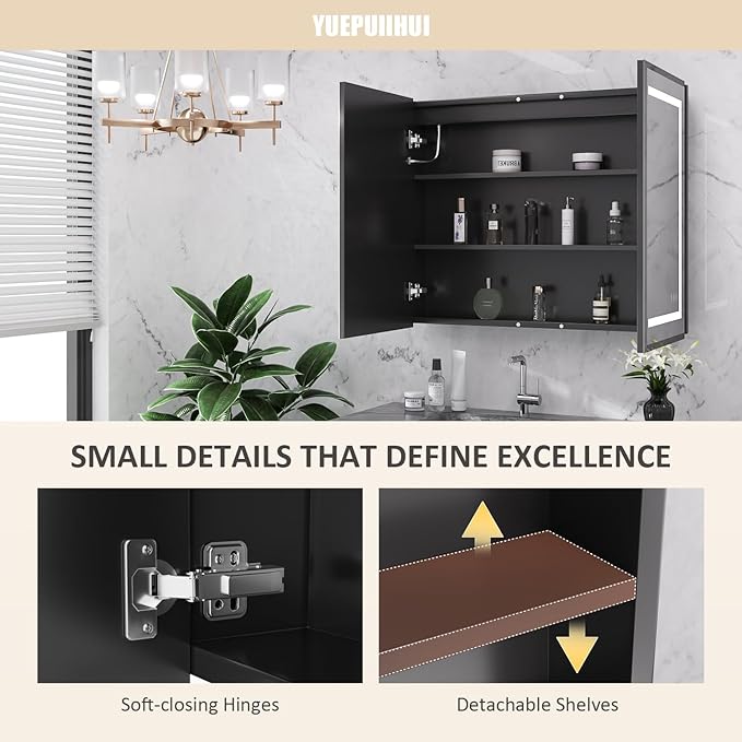 36X30 Inch Black Lighted Medicine Cabinet with Mirror, Recessed or Wall Mounted Bathroom Medicine Cabinet Mirror with Adjustable Frontlit & Brightness, LED Mirror Cabinet with Double Door