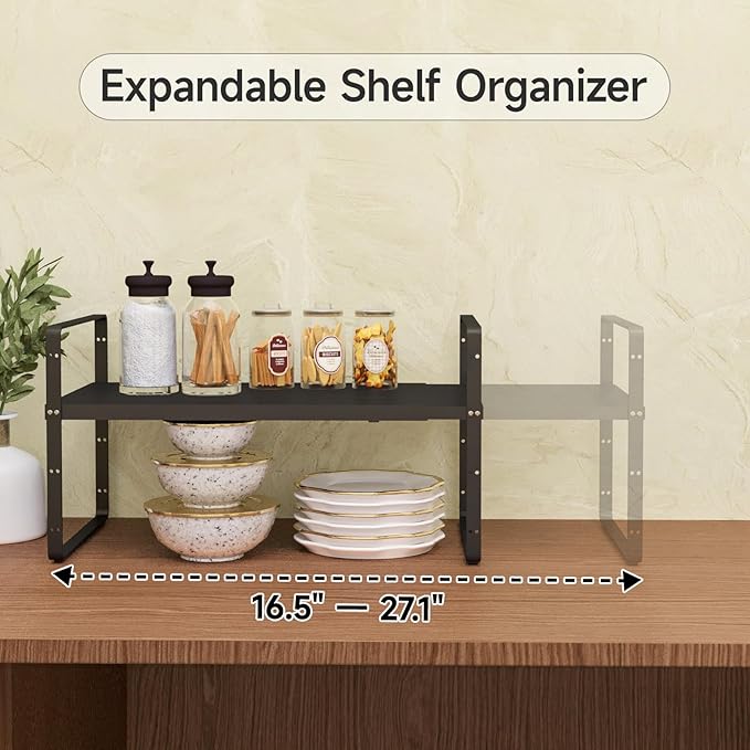 2Pack 16.5-27’’L Expandable Cabinet Countertop Shelf Organizer, Stackable Metal Shelves, Kitchen Organizers and Storage, Black Storage Spice Rack for Pantry and Cupboard