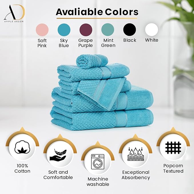 Ample Decor Towels for Bathroom, 6 Pieces Gift Set,100% Cotton Soft Quick Dry, 2 Bath Towels, 2 Hand Towels, 2 Wash Cloths - for Hotel, Spa, Gym - Sky Blue