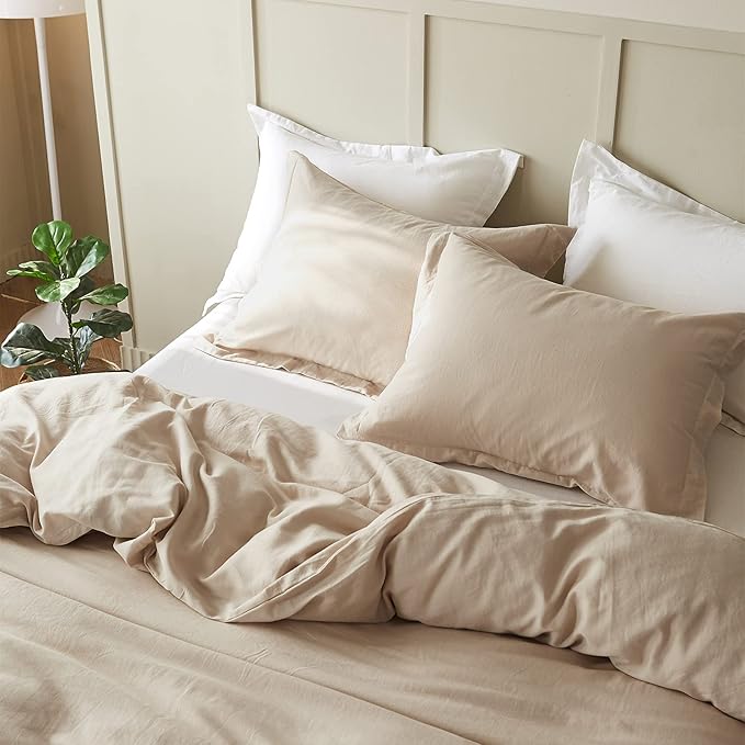 Simple&Opulence French Linen Duvet Cover Set 88" x 92"- 5 Pieces (1 Comforter Cover,4 Pillowcases)- Natural Flax Cotton Blend-Solid Color Breathable Farmhouse Bedding-Linen/Beige, Queen