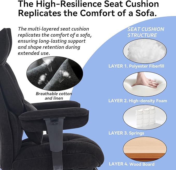 Efomao Executive Office Chair, Soft-Cushioned Computer Chair with Foot Rest, Fabric Home Office Desk Chairs, Big and Tall Office Chairs, Black