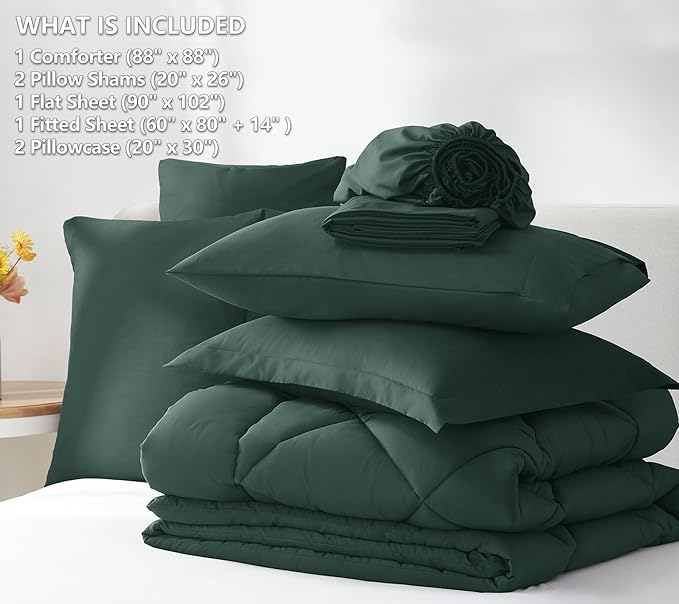 CozyLux Queen Comforter Set Forest Green - Bed in a Bag Queen Size 7 Pieces, Luxury Soft Bed Set for All Seasons, Bedding Set with Down Alternative Comforter, Sheets, Pillowcases & Shams
