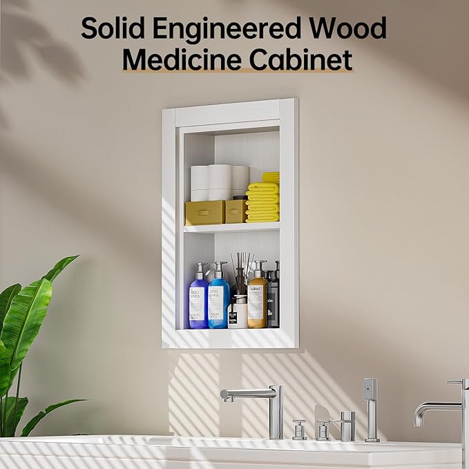 14x18 Recessed Medicine Cabinet, 2 Tiered Wood Bathroom Wall Niche, Water-Proof Recessed Wall Niche Medicine Cabinet Replacement, for Living Room, Bathroom Storage, White