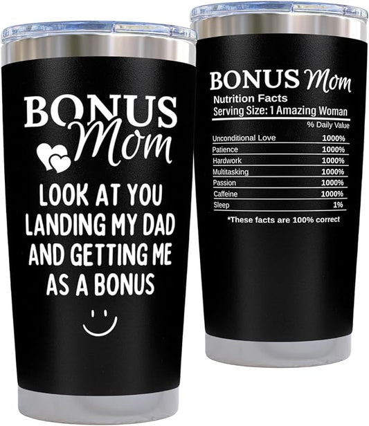 KLUBI Bonus Mom Gifts for Stepmom from Son Daughter - Look At You Landing My Dad and Getting Me As a Bonus - God Mother, Mother in Law Birthday Gift Mug 20 Ounce Insulated Black Tumbler for Her