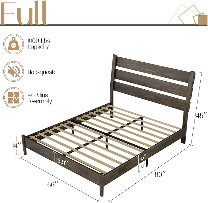 VanAcc Solid Wood Full Bed Frame, Platform Bed with Reclining Slatted Headboard, Mid Century Bed with Wood Slat Support, Dark Brown
