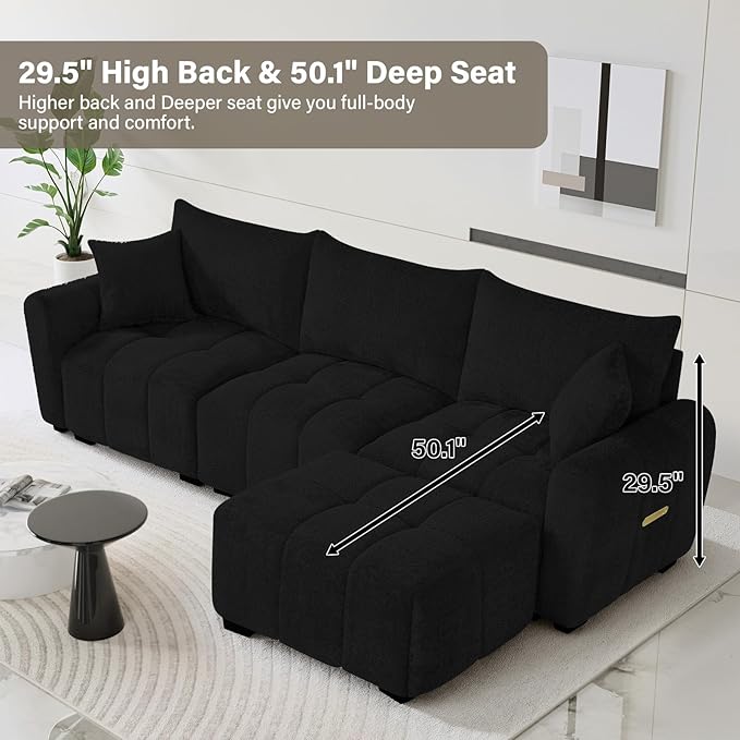 110" L Shaped Modern Boucle Sofa Modular Sectional Cloud Couch with Ottoman, Tufted 4-Seat Deep Seat Sofa with Pillows for Living Room, Bedroom and Apartment, Black