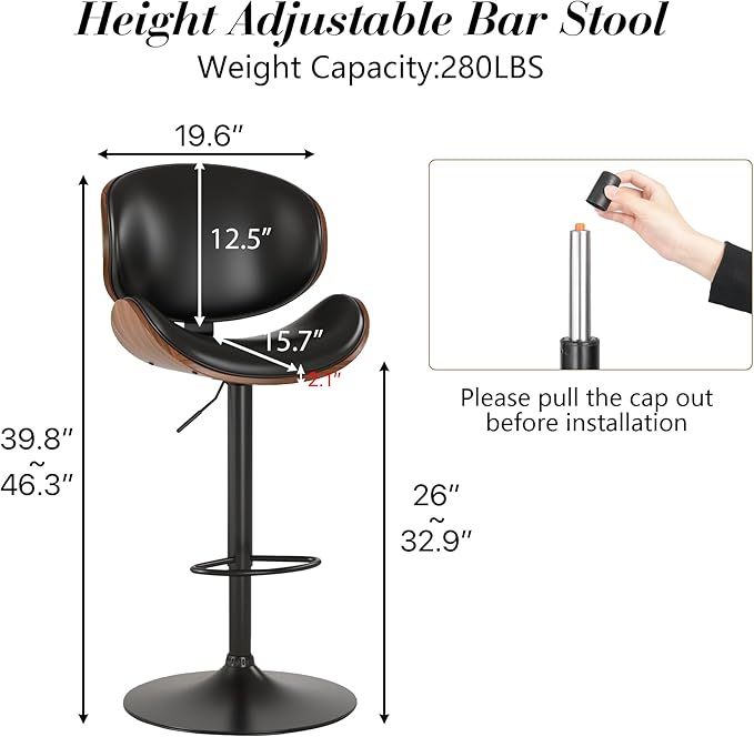 KCC Bar Stools Set of 3, Swivel Adjustable Height Barstools, PU Leather Upholstered Bar Chairs with Footrest, Bentwood Bar Stool for Kitchen, Bar, Dining Room(Black PU)