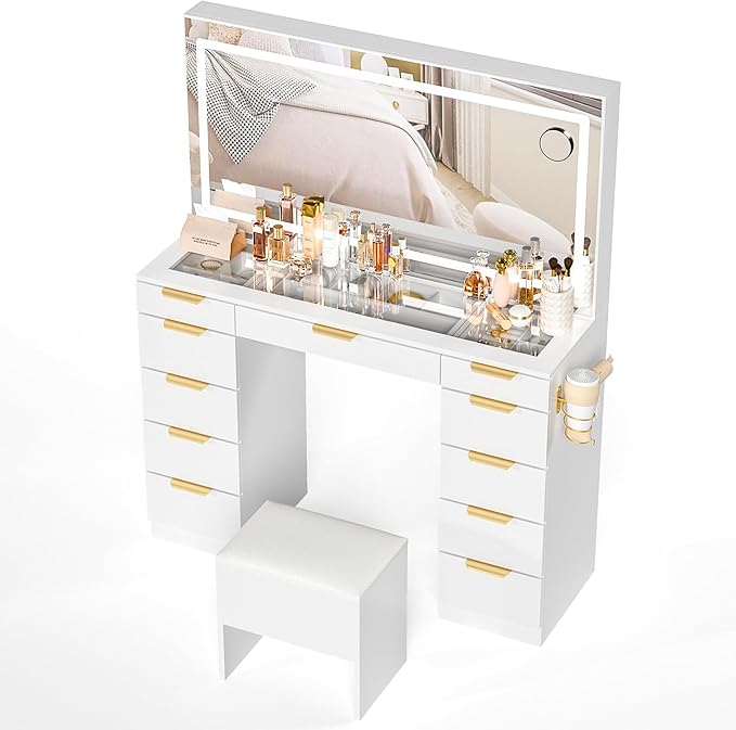 Pamapic 11 Drawers Makeup Vanity with Mirror and Chair, Glass Top Vanity Desk with Power Outlet, 3 Lighting Modes Dressing Table with Golden Handles, Silent Slides and Portable Mirror, White