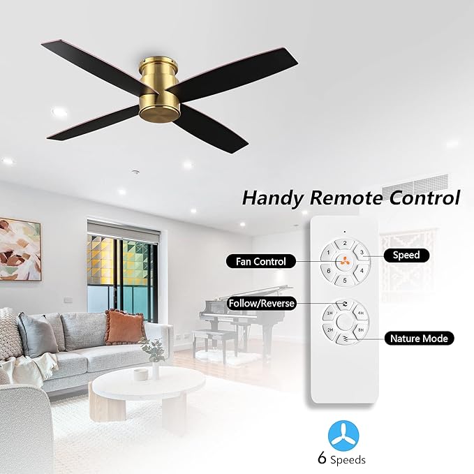 WINGBO 44" Flush Mount DC Ceiling Fan without Lights, 4 Reversible Plywood Blades, Quiet 6-Speed DC Motor, Hugger Low Profile Ceiling Fan No Lights for Bedroom, Brass Finish and Black/White Blades