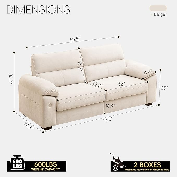 Ihanherry 71" Modern Sofa for Living Room, Deep Seat Chenille Loveseat with Fast Charging Port & Removable Washable Cushions, Pillow-Armrest Couch for Small Space/Apartment, Sturdy Frame, Beige